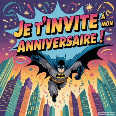 Invitation à un anniversaire gratuit avec Batman, en plein vol au-dessus d'une ville colorée.