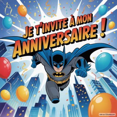 Invitation à un anniversaire virtuel avec Batman en action, entouré de ballons colorés et d'une ville en arrière-plan.