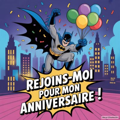 Batman tient des ballons colorés, prêt à célébrer. Texte : 'Rejoins-moi pour mon anniversaire !' Fond de ville festive.