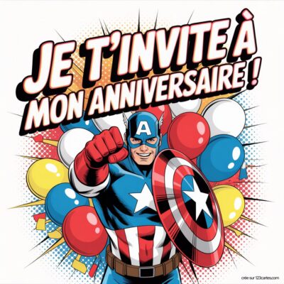 Invitation d'anniversaire virtuelle sur fond coloré, avec Captain America en costume brandissant son bouclier et des ballons autour.