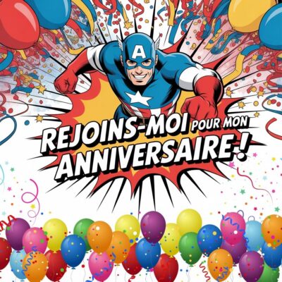 Invitation d'anniversaire virtuelle avec Captain America en action, entouré de confettis et de ballons colorés.