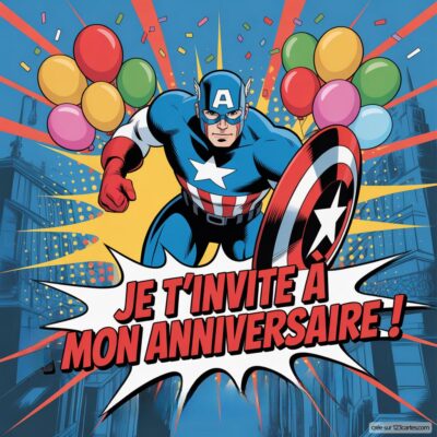 Invitation d'anniversaire virtuelle sur fond coloré avec Captain America en action, tenant un bouclier et entouré de ballons.