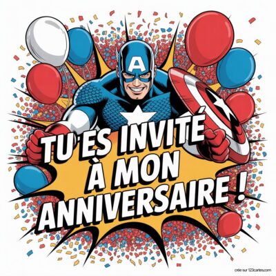 Invitation d'anniversaire virtuelle avec Captain America, décorée de ballons colorés et d'étoiles, annonçant « Tu es invité à mon anniversaire ! »