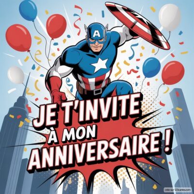 Invitation d'anniversaire virtuelle sur le thème de Captain America, avec des ballons colorés et des confettis en arrière-plan.