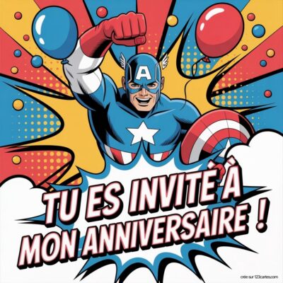 Invitation d'anniversaire virtuelle avec Captain America, affichant « Tu es invité à mon anniversaire ! » sur fond coloré.