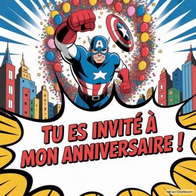 Invitation anniversaire virtuelle avec Captain America, entouré de ballons colorés dans un décor urbain. Texte : « Tu es invité à mon anniversaire ! »