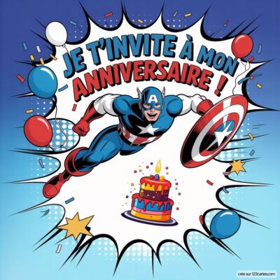 Illustration colorée de Captain America volant avec un gâteau d'anniversaire et des ballons, invitant à un anniversaire virtuel.