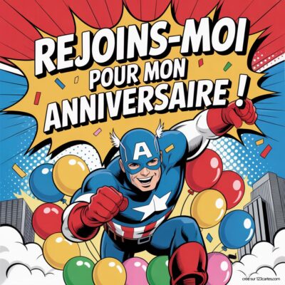 Invitation colorée d'anniversaire sur le thème Captain America, avec des ballons et le message « Rejoins-moi pour mon anniversaire ! ».
