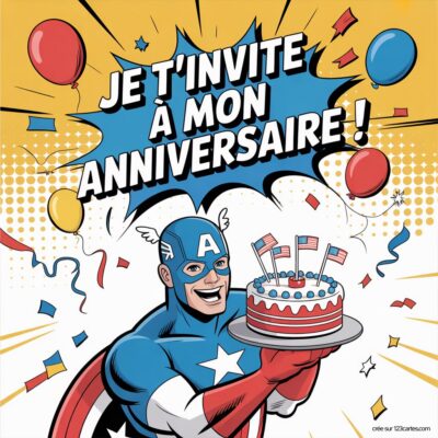 Invitation d'anniversaire virtuelle avec Captain America portant un gâteau décoré, entouré de ballons et de confettis colorés.