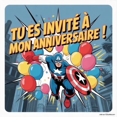 Invitation d'anniversaire virtuelle sur fond coloré, avec Captain America tenant des ballons et le texte « Tu es invité à mon anniversaire ! ».