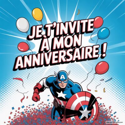 Invitation anniversaire virtuelle sur fond bleu, avec Captain America en action, des confettis et des ballons colorés.