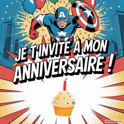 Image colorée avec Captain America en action, tenant un bouclier. Texte « Je t'invite à mon anniversaire ! » et un cupcake au centre.