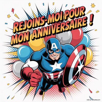 Invitation d'anniversaire virtuelle sur fond coloré, avec Captain America en costume et texte « Rejoins-moi pour mon anniversaire ! »