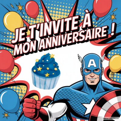Invitation d'anniversaire sur le thème Captain America, avec des ballons colorés et un cupcake bleu décoré d'étoiles.