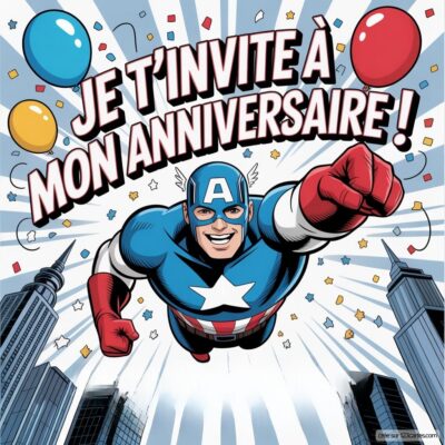 Image d'une invitation d'anniversaire virtuelle sur le thème de Captain America, avec des ballons et un fond festif.