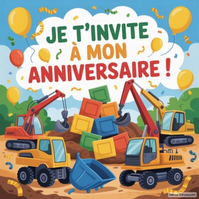 Invitation d'anniversaire virtuelle pour enfants sur le thème chantier, avec des engins de construction et des ballons colorés.