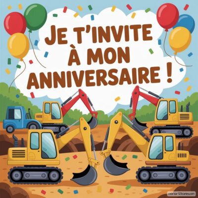 Invitation anniversaire virtuelle pour enfants sur le thème chantier, avec pelleteuses et ballons colorés. Texte joyeux en fond.
