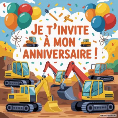 Invitation anniversaire virtuelle pour enfants avec des engins de chantier colorés, ballons et confettis sur fond festif.