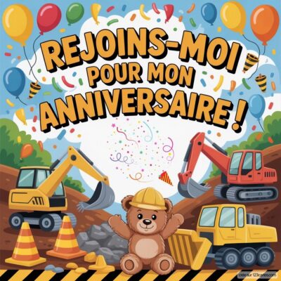 Invitation anniversaire virtuelle avec un ours en peluche en casque, engins de chantier, ballons et confettis sur le thème construction.