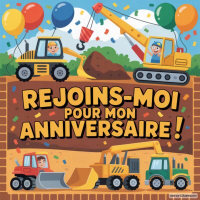 Invitation d'anniversaire virtuelle pour enfants sur le thème chantier : camions, grues, ballons colorés et texte festif en fond.