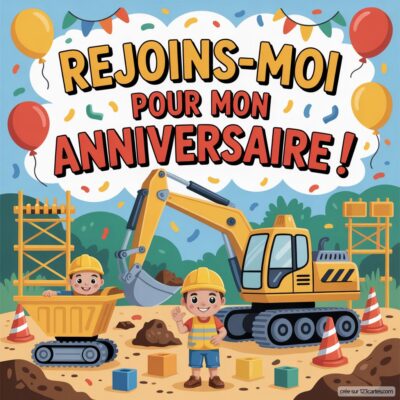 Invitation d'anniversaire virtuelle pour enfants sur le thème chantier, illustrée avec des personnages, pelleteuses et ballons colorés.