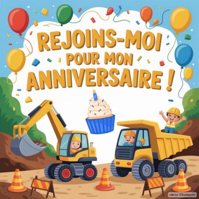 Invitation anniversaire virtuelle sur le thème chantier : engins de construction, enfants joyeux, cupcakes et ballons colorés.