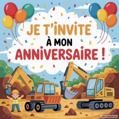 Invitation d'anniversaire pour enfants avec un garçon en tenue de chantier, deux engins de construction et des ballons colorés.