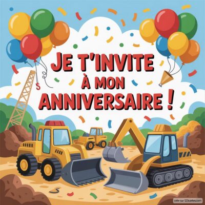Invitation d'anniversaire virtuelle sur le thème chantier, avec pelleteuses, ballons colorés et confettis. Festivité annoncée !