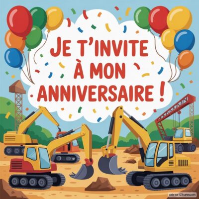 Invitation d'anniversaire virtuelle pour enfants sur le thème chantier, avec pelleteuses, ballons colorés et confettis.