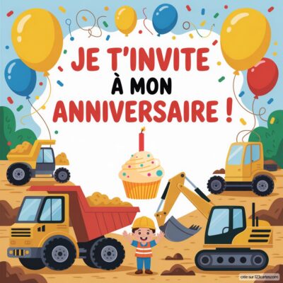 Invitation anniversaire virtuelle pour enfants avec un petit garçon en tenue de chantier, des camions, et un gâteau d'anniversaire.