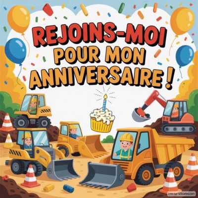 Invitation anniversaire virtuelle pour enfants sur le thème chantier, avec des camions, des pelleteuses et un gâteau.