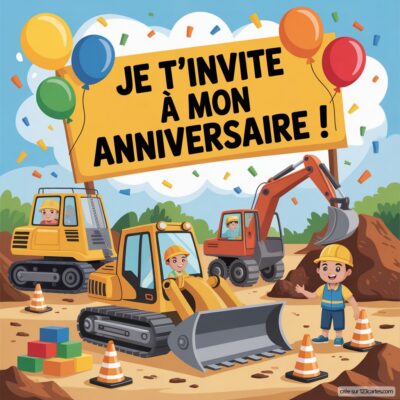 Invitation d'anniversaire pour enfants sur le thème chantier, avec pelleteuse, bulldozer, ballons et bâtiment en construction.