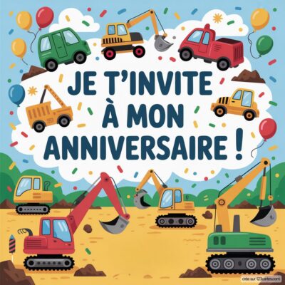 Invitation d'anniversaire virtuelle pour enfants, thème chantier : camions, pelleteuses et ballons colorés sur un fond joyeux.