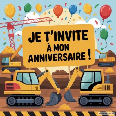 Invitation d'anniversaire virtuelle pour enfants sur le thème chantier, avec des pelleteuses, des ballons et un message festif.