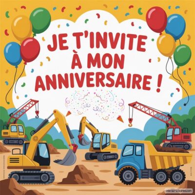 Invitation d'anniversaire pour enfants sur le thème chantier, avec camions et pelleteuses, fond coloré et ballons.