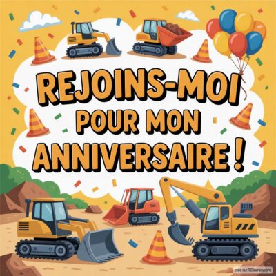Invitation d'anniversaire virtuelle sur le thème chantier avec des engins de construction, cônes orange et ballons colorés.