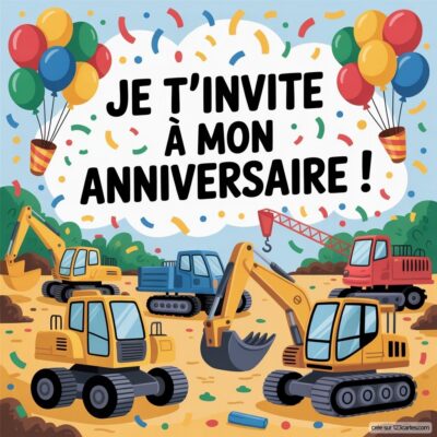 Invitation anniversaire virtuelle pour enfants, avec des engins de chantier colorés et des ballons sur un fond festif.