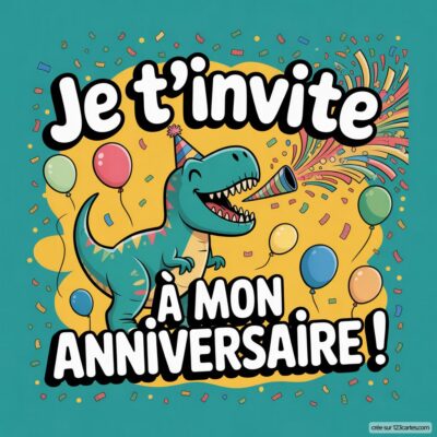 Invitation anniversaire virtuelle pour enfants sur le thème des dinosaures, avec un T-Rex joyeux, des ballons et des confettis.