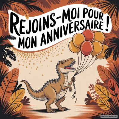 Invitation d'anniversaire pour enfants avec un dinosaure tenant des ballons. Texte : « Rejoins-moi pour mon anniversaire ! » Fonds tropical.