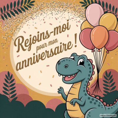 Invitation d'anniversaire virtuelle pour enfants sur le thème dinosaure, avec un dinosaure joyeux tenant des ballons colorés.