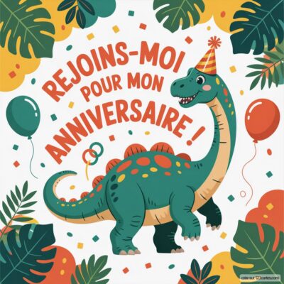 Invitation d'anniversaire sur fond coloré, avec un dinosaure joyeux portant un chapeau de fête entouré de ballons et de feuilles tropicales.