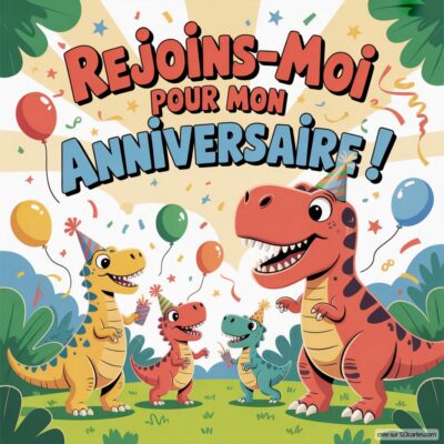 Invitation d'anniversaire virtuelle pour enfants sur le thème des dinosaures, avec des dinos colorés et des ballons festifs.