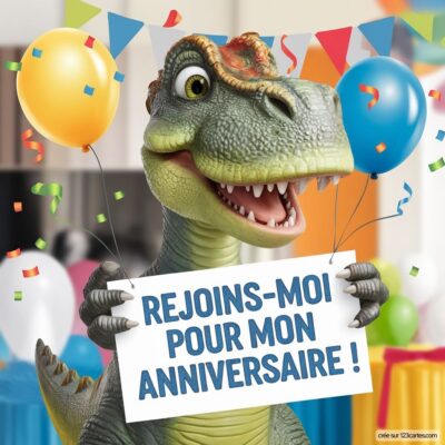 Un dinosaure souriant tient une pancarte « rejoins-moi pour mon anniversaire ! », entouré de ballons et décorations colorées.