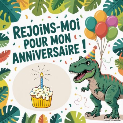 Invitation anniversaire virtuelle pour enfants sur le thème dinosaure, avec un T-Rex, un gâteau d'anniversaire et des ballons colorés.