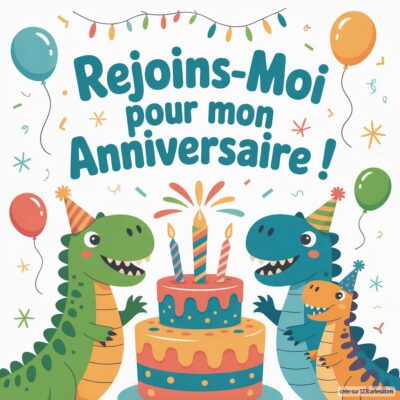 Invitation d'anniversaire virtuelle pour enfants avec des dinosaures joyeux entourés de ballons et d'un gâteau coloré.