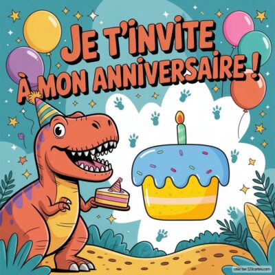 Invitation d'anniversaire pour enfants sur le thème dinosaure, avec un T-Rex souriant, un gâteau et des ballons colorés.