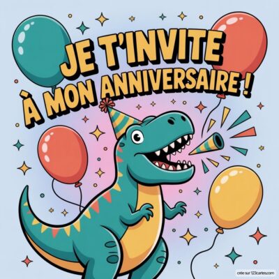 Invitation d'anniversaire virtuelle pour enfants avec un dinosaure joyeux portant un chapeau, des ballons colorés en arrière-plan.