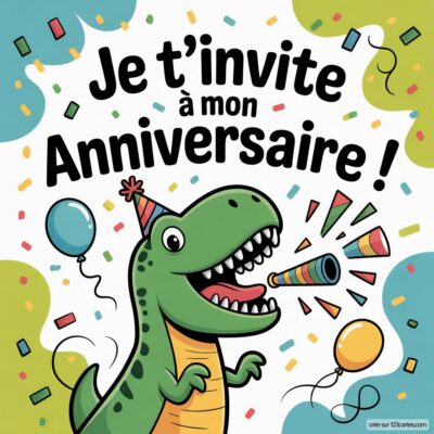 Invitation d'anniversaire virtuelle pour enfants, illustrée par un dinosaure souriant avec des ballons et des confettis colorés.
