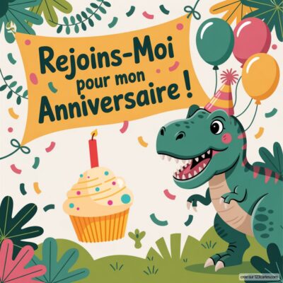 Invitation anniversaire virtuelle sur le thème des dinosaures, avec un T-Rex souriant, un gâteau d'anniversaire et des ballons colorés.
