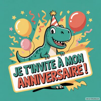 Invitation d'anniversaire pour enfants avec un dinosaure souriant, des ballons colorés et des confettis sur fond turquoise.